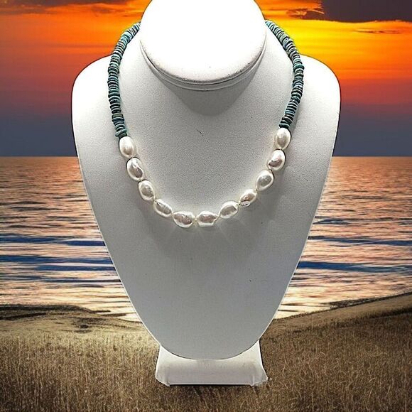 Turquoise Baroque Pearl Necklace Sterling Silver Toggle WW Kingman Western - Picture 15 of 16